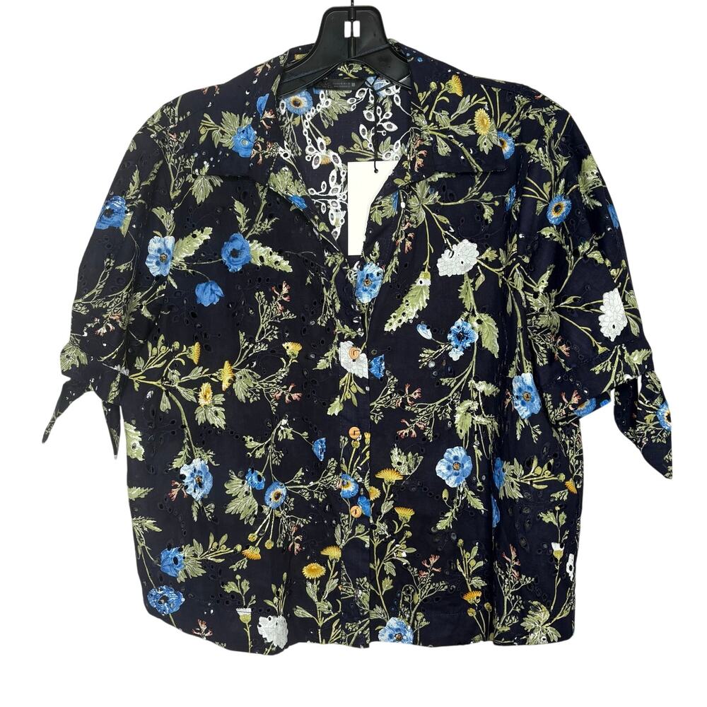 Zara Navy Embroidered Floral Eyelet Puff Sleeve Button Down Blouse New Medium